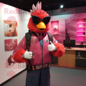 Pink Tandoori Chicken mascot costume character dressed with a Bomber Jacket and Reading glasses