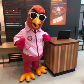 Pink Tandoori Chicken mascot costume character dressed with a Bomber Jacket and Reading glasses