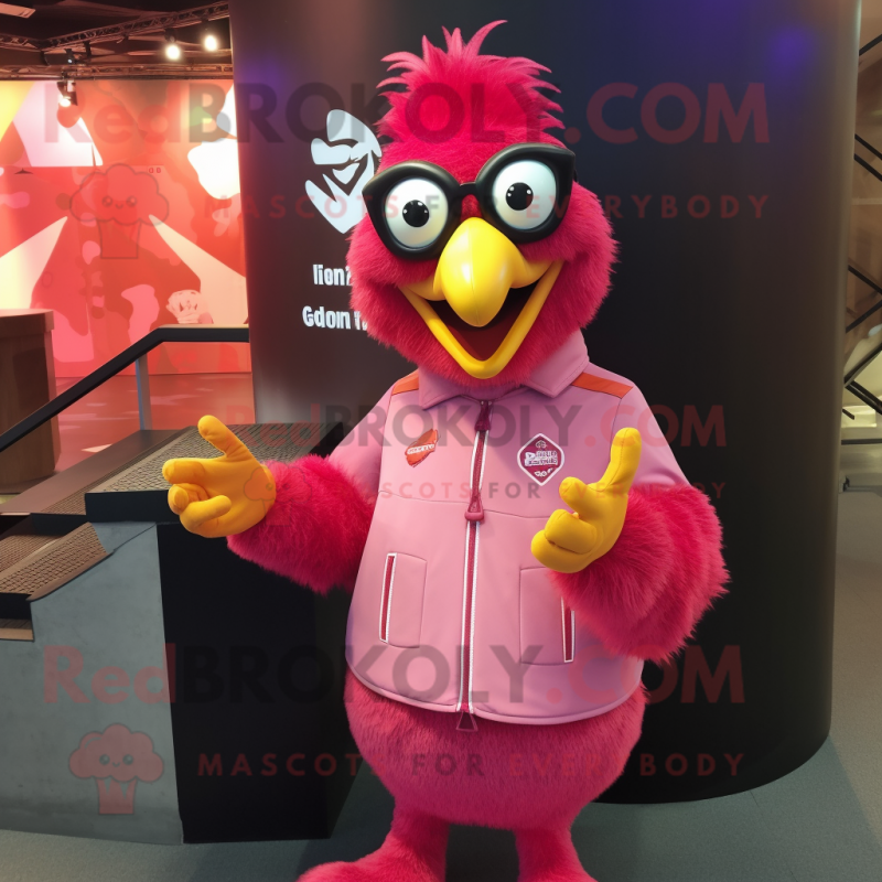 Pink Tandoori Chicken mascot costume character dressed with a Bomber Jacket and Reading glasses Pink Tandoori Chicken mascot costume character dressed with a Bomber Jacket and Reading glasses