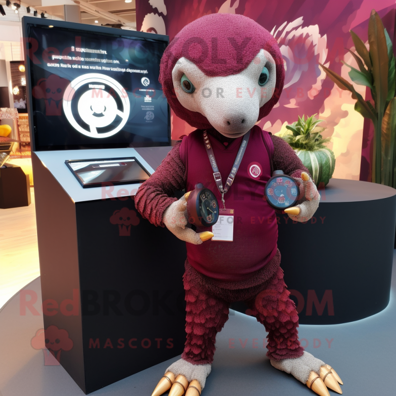 Maroon Pangolin mascot costume character dressed with a T-Shirt and Digital watches Maroon Pangolin mascot costume character dressed with a T-Shirt and Digital watches