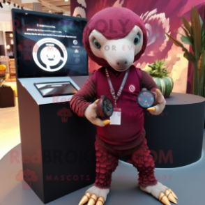 Maroon Pangolin mascot costume character dressed with a T-Shirt and Digital watches