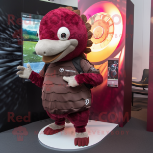 Maroon Pangolin mascot costume character dressed with a T-Shirt and Digital watches