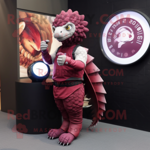 Maroon Pangolin mascot costume character dressed with a T-Shirt and Digital watches