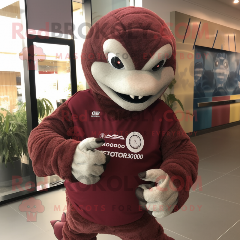 Maroon Pangolin mascot costume character dressed with a T-Shirt and Digital watches