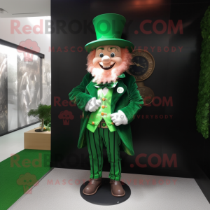 Forest Green Leprechaun mascot costume character dressed with a Waistcoat and Bracelet watches