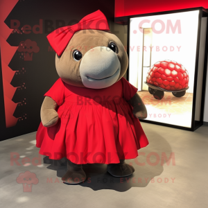 Red Glyptodon mascot costume character dressed with a Wrap Skirt and Bow ties