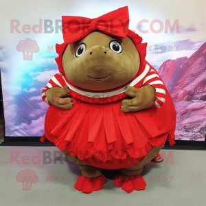 Red Glyptodon mascot costume character dressed with a Wrap Skirt and Bow ties