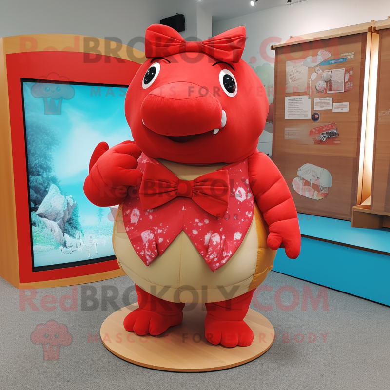 Red Glyptodon mascot costume character dressed with a Wrap Skirt and Bow ties