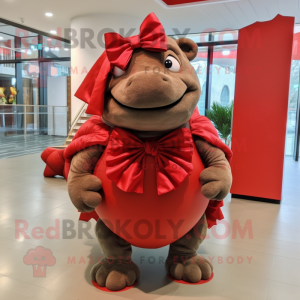 Red Glyptodon mascot costume character dressed with a Wrap Skirt and Bow ties