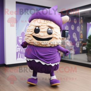 Purple Dim Sum mascot costume character dressed with a Leggings and Shoe clips