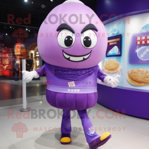 Purple Dim Sum mascot costume character dressed with a Leggings and Shoe clips