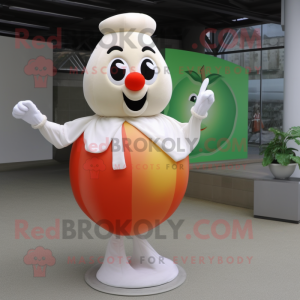 Cream Tomato mascot costume character dressed with a Maxi Dress and Gloves