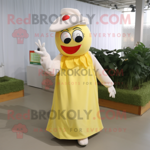 Cream Tomato mascot costume character dressed with a Maxi Dress and Gloves