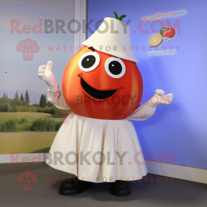 Cream Tomato mascot costume character dressed with a Maxi Dress and Gloves