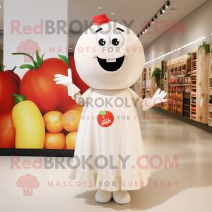 Cream Tomato mascot costume character dressed with a Maxi Dress and Gloves