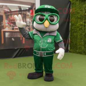 Forest Green American Football Helmet mascot costume character dressed with a Dungarees and Reading glasses
