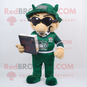 Forest Green American Football Helmet mascot costume character dressed with a Dungarees and Reading glasses