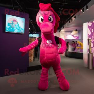 Magenta Sea Horse mascot costume character dressed with a Bodysuit and Suspenders