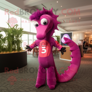 Magenta Sea Horse mascot costume character dressed with a Bodysuit and Suspenders