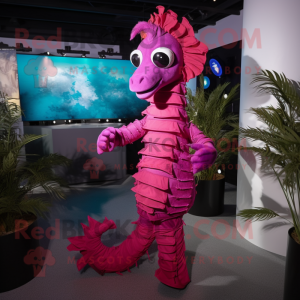 Magenta Sea Horse mascot costume character dressed with a Bodysuit and Suspenders