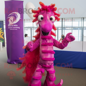 Magenta Sea Horse mascot costume character dressed with a Bodysuit and Suspenders