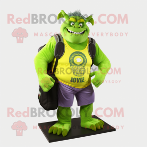 Lime Green Ogre mascot costume character dressed with a V-Neck Tee and Backpacks