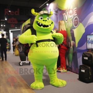 Lime Green Ogre mascot costume character dressed with a V-Neck Tee and Backpacks