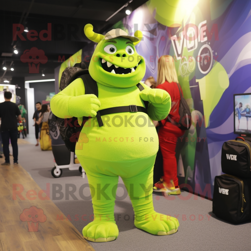 Lime Green Ogre mascot costume character dressed with a V-Neck Tee and Backpacks Lime Green Ogre mascot costume character dressed with a V-Neck Tee and Backpacks