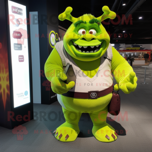 Lime Green Ogre mascot costume character dressed with a V-Neck Tee and Backpacks