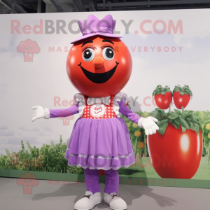 Lavender Tomato mascot costume character dressed with a Mini Skirt and Suspenders