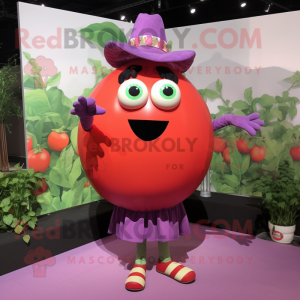 Lavender Tomato mascot costume character dressed with a Mini Skirt and Suspenders