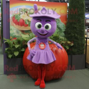 Lavender Tomato mascot costume character dressed with a Mini Skirt and Suspenders