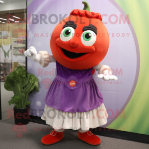 Lavender Tomato mascot costume character dressed with a Mini Skirt and Suspenders