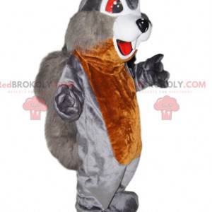 Mascotte d'écureuil gris et marron, avec des yeux rouges -