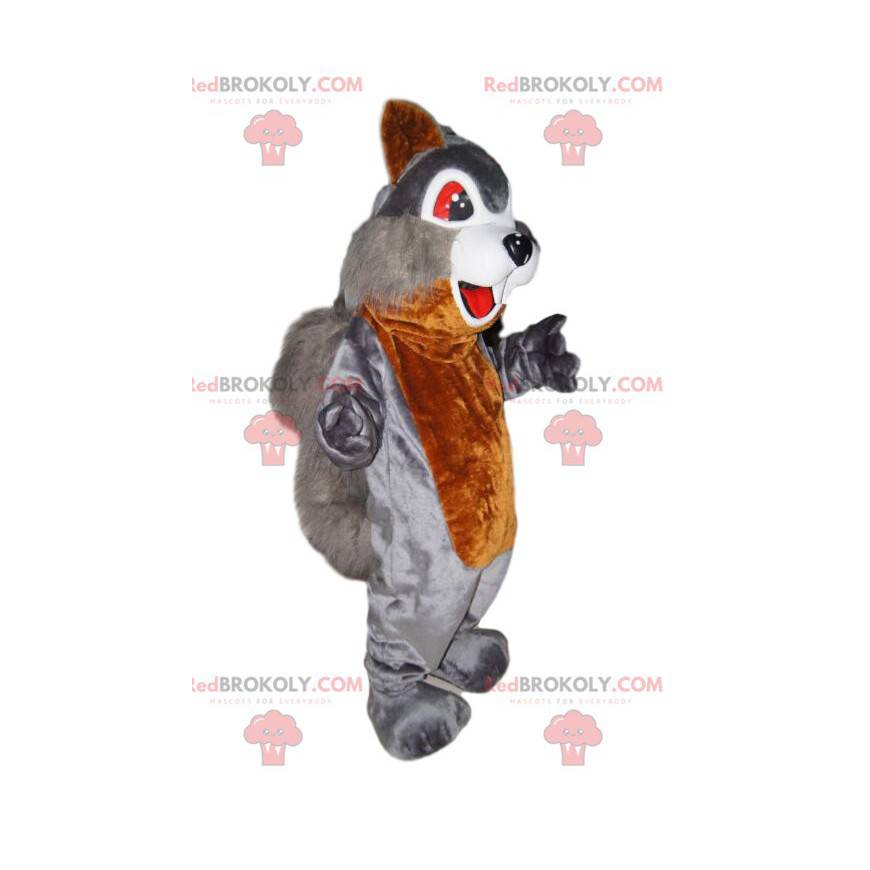 Gray and brown squirrel mascot, with red eyes - Redbrokoly.com