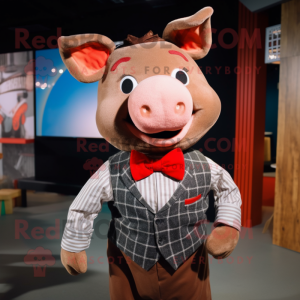 Rust Sow mascot costume character dressed with a Sweater and Bow ties