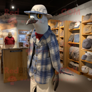 Silver Passenger Pigeon mascot costume character dressed with a Flannel Shirt and Caps