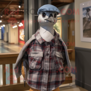 Silver Passenger Pigeon mascot costume character dressed with a Flannel Shirt and Caps