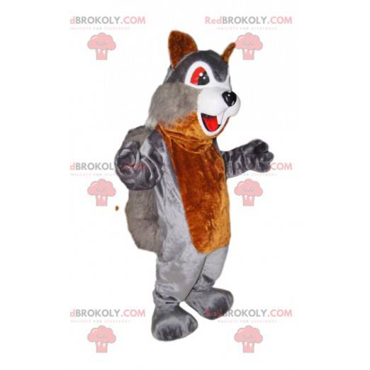 Mascotte d'écureuil gris et marron, avec des yeux rouges -