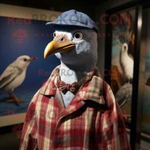 Silver Passenger Pigeon mascot costume character dressed with a Flannel Shirt and Caps