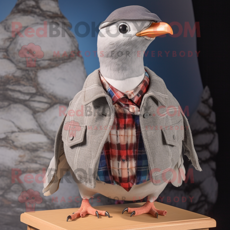 Silver Passenger Pigeon mascot costume character dressed with a Flannel Shirt and Caps