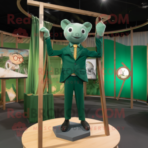 Forest Green Trapeze Artist mascot costume character dressed with a Blazer and Lapel pins