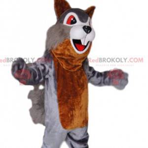 Mascote esquilo cinza e marrom, com olhos vermelhos -