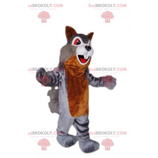 Mascote esquilo cinza e marrom, com olhos vermelhos -