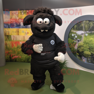 Black Suffolk Sheep mascot costume character dressed with a T-Shirt and Digital watches