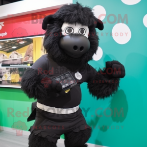 Black Suffolk Sheep mascot costume character dressed with a T-Shirt and Digital watches