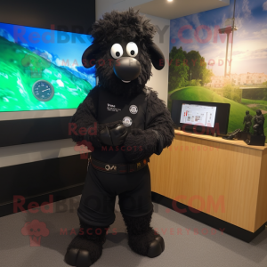 Black Suffolk Sheep mascot costume character dressed with a T-Shirt and Digital watches