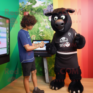 Black Suffolk Sheep mascot costume character dressed with a T-Shirt and Digital watches