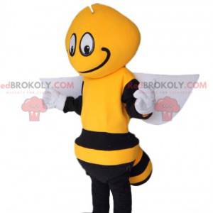 Mascotte d'abeille noir et jaune, avec des ailes blanches -