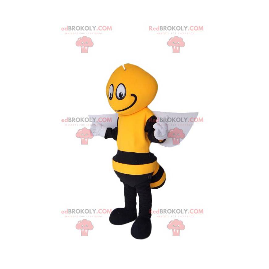 Mascote abelha preta e amarela, com asas brancas -